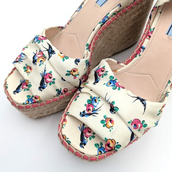 Prada Floral Platform Wedge Espadrille Sandals Self-Tie Accent Size US7.5 EU37.5 - Picture 13 of 13